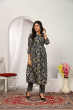 Jyoti Fashion Women's Black Chanderi Silk Floral Print with Side Pocket Kurtis & Sets