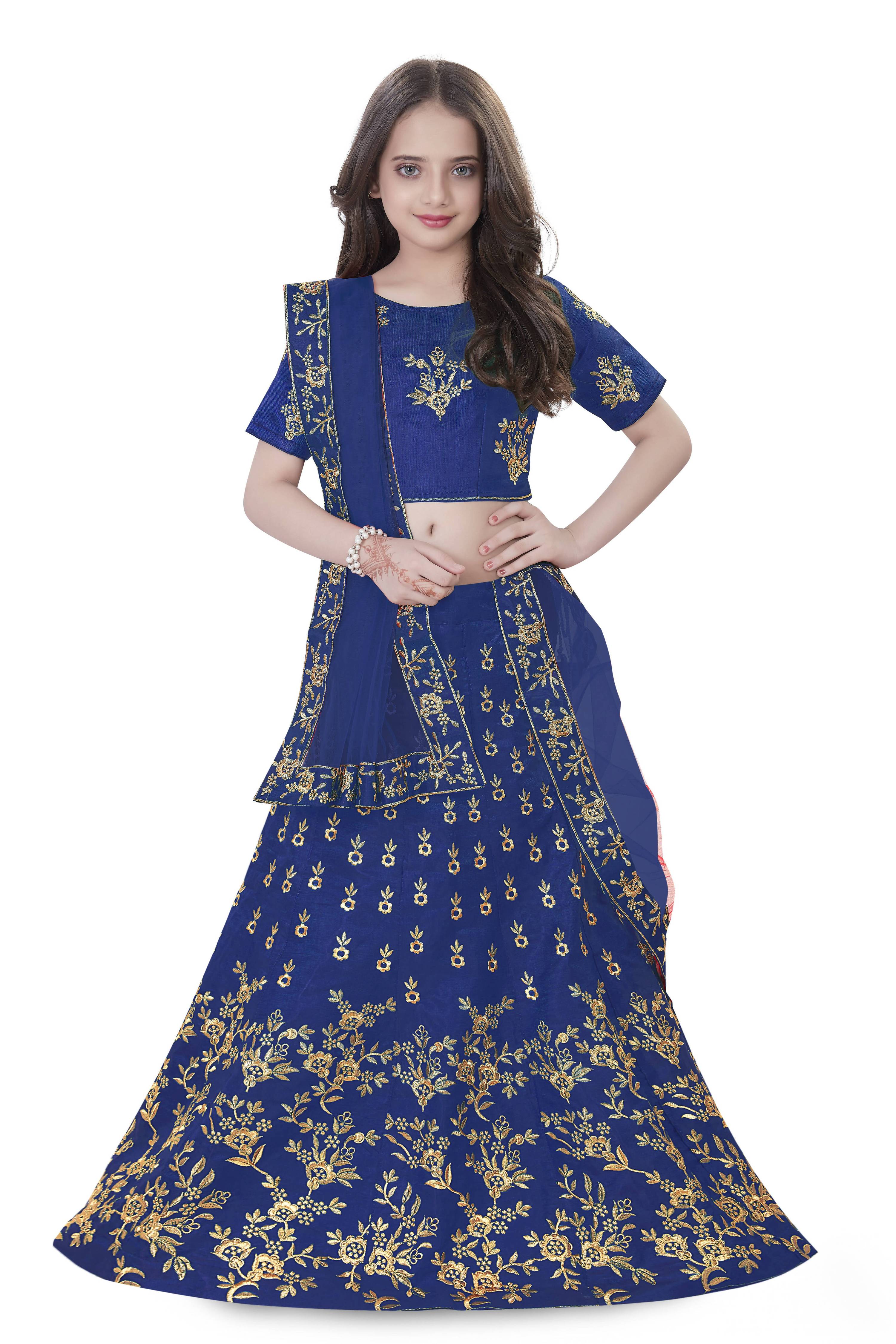 Dwiden Royal Blue Baby Doll Tafetta Sattin Semi-Stitched Girl's Lehenga Choli