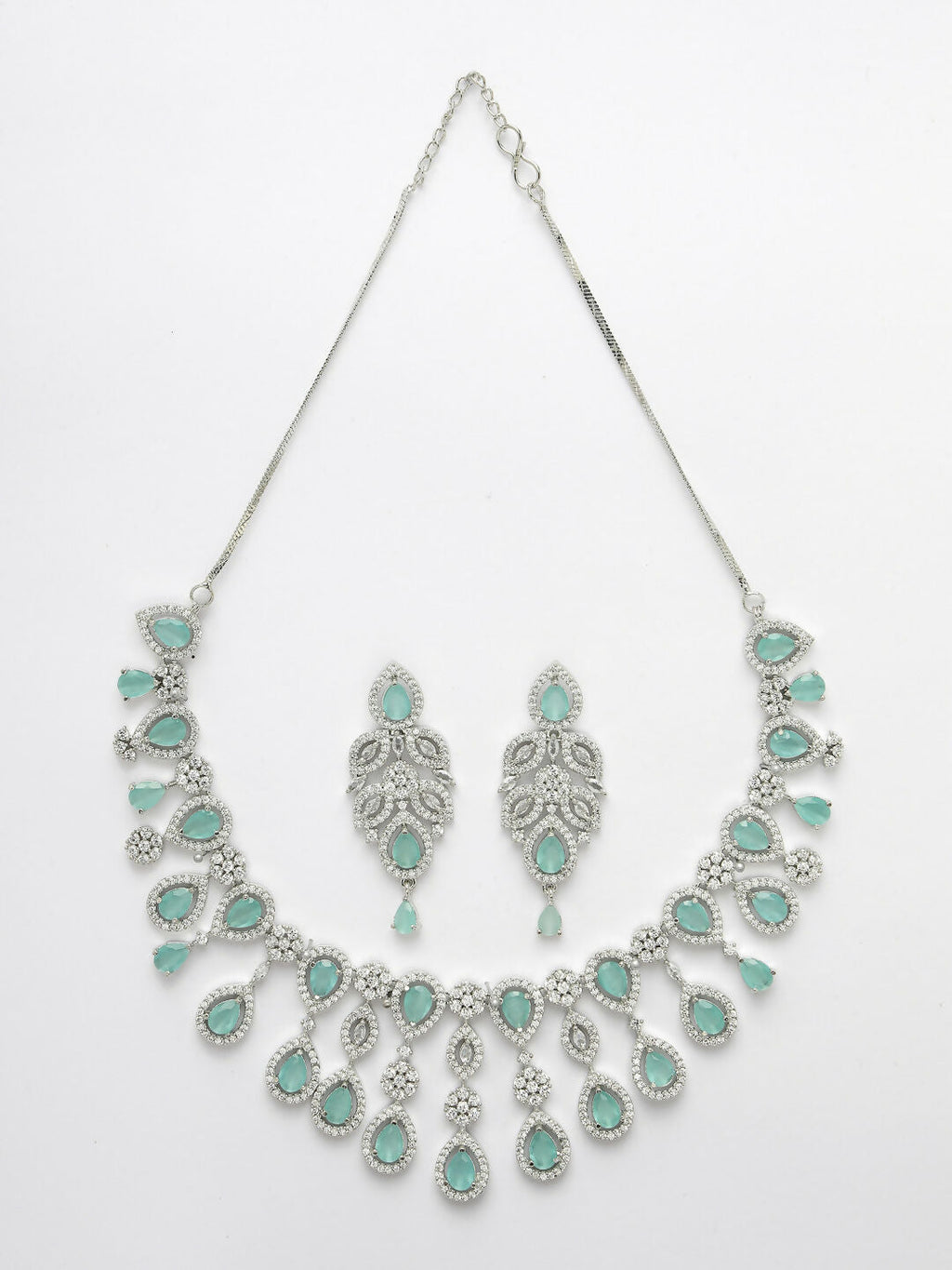 NVR Women's silver plated Turquoise CZ stone handcrafted jewellery set