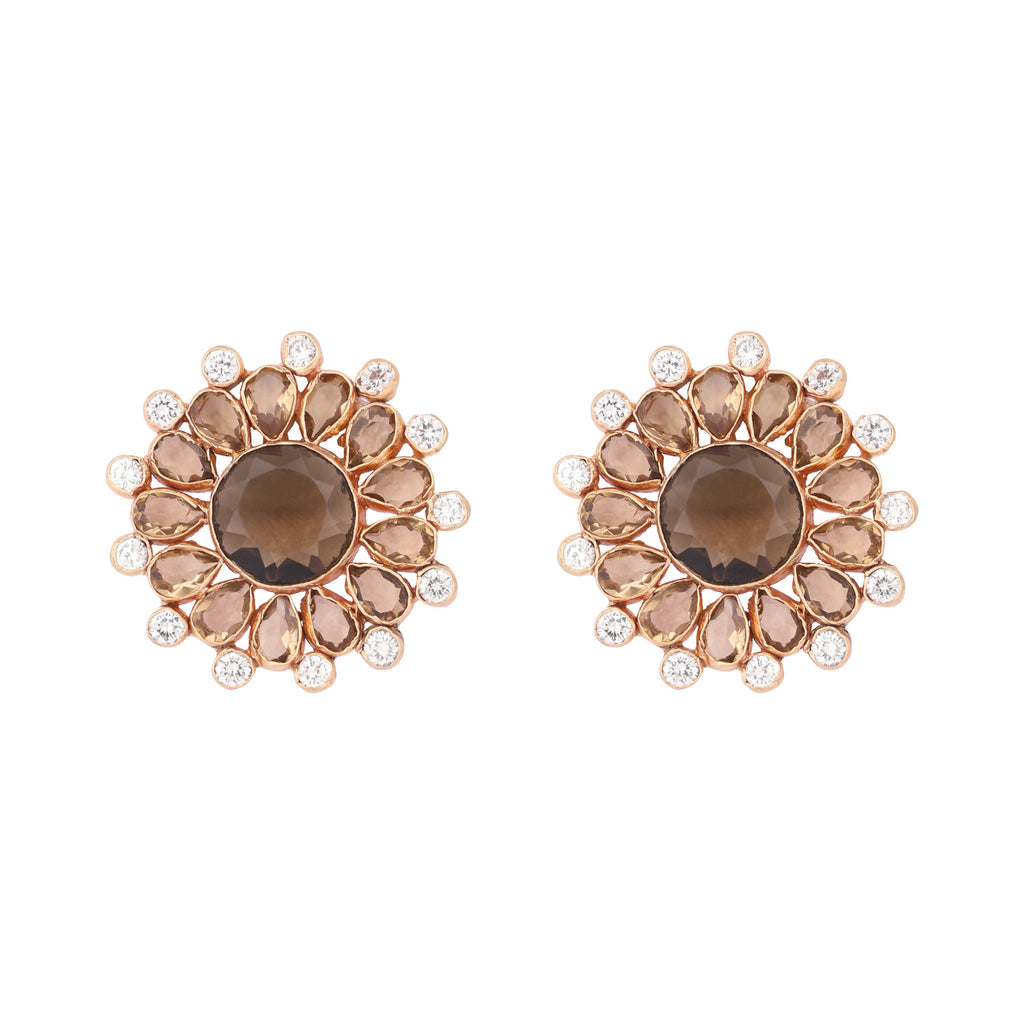 Nuyug 22K Gold Plated Faux Smoky Quartz & White Crystal Studded Contemporary Floral Shaped Studs - Distacart