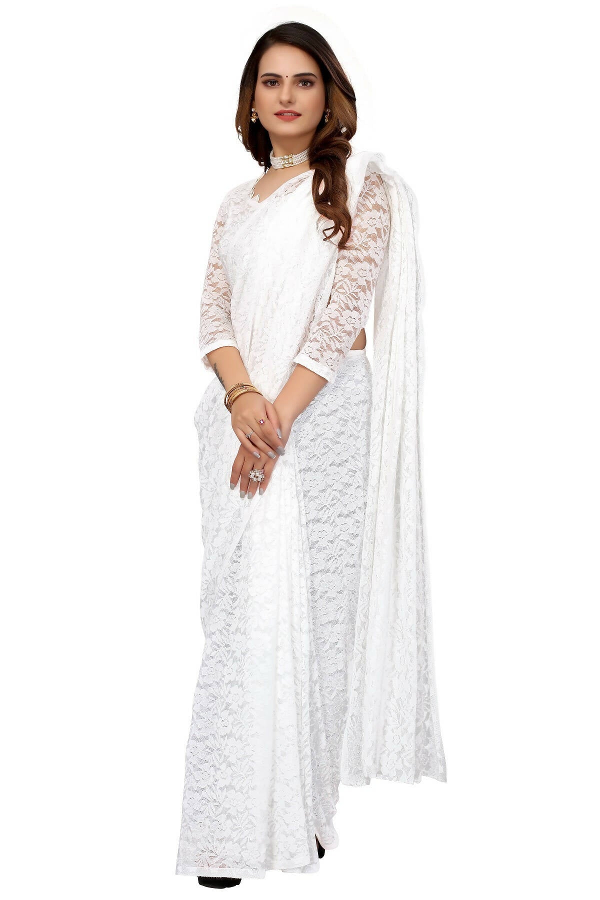 Vamika White Pearls Net Saree - Distacart