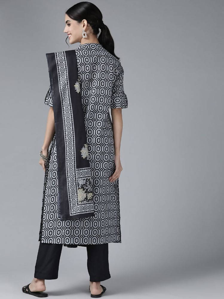 Yufta Women Grey Pure Cotton Kurta with Trouser & With Dupatta