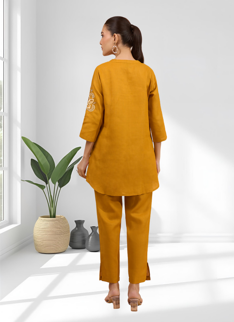 Joban Fashion Yellow Cotton, Linen Embroidered Readymade Cord Set - Distacart
