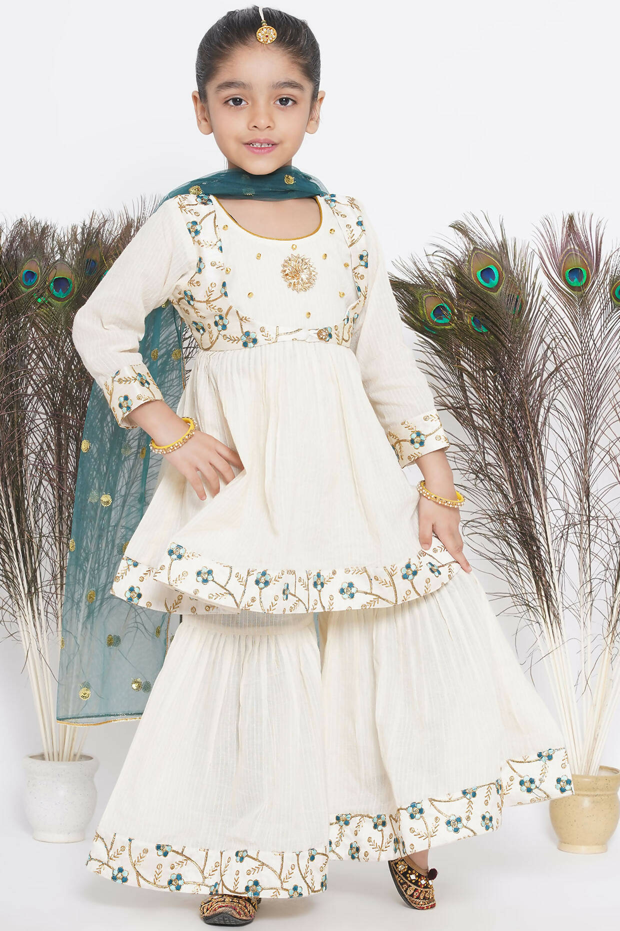 Little Bansi Blue Floral Embroidery Jacket with Cotton Kantha Frock Sharara and Dupatta with Ghungroo Handwork - Cream