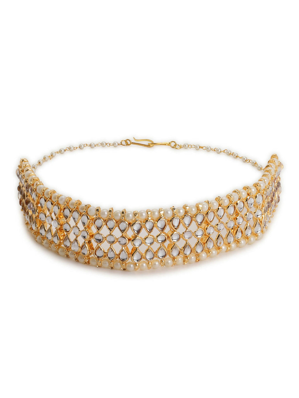 Gold-Plated White Kundan-Studded Pearl Beaded Hair Band - Ruby Raang - Distacart