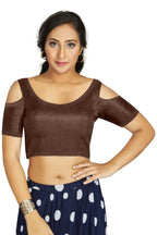 Aastha Fashion Women's Coffee Art Silk Cold Shoulder Sleeve Readymade Blouse