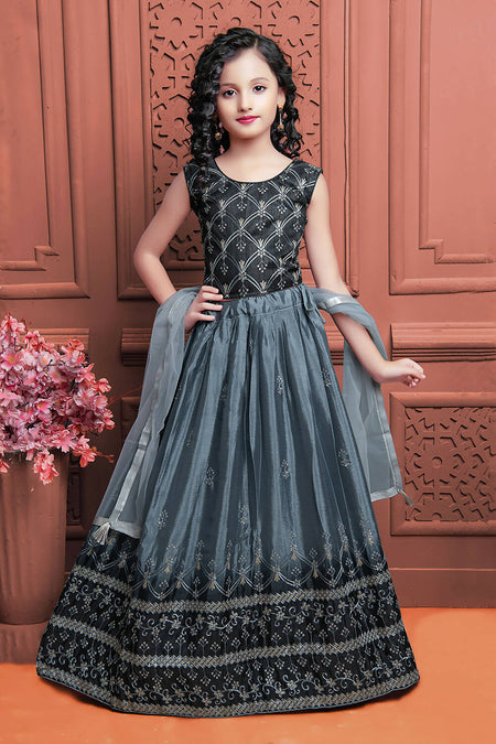 Kids Wedding Designer Grey Soft Chinon Silk Lehenga Choli - Aaradhna