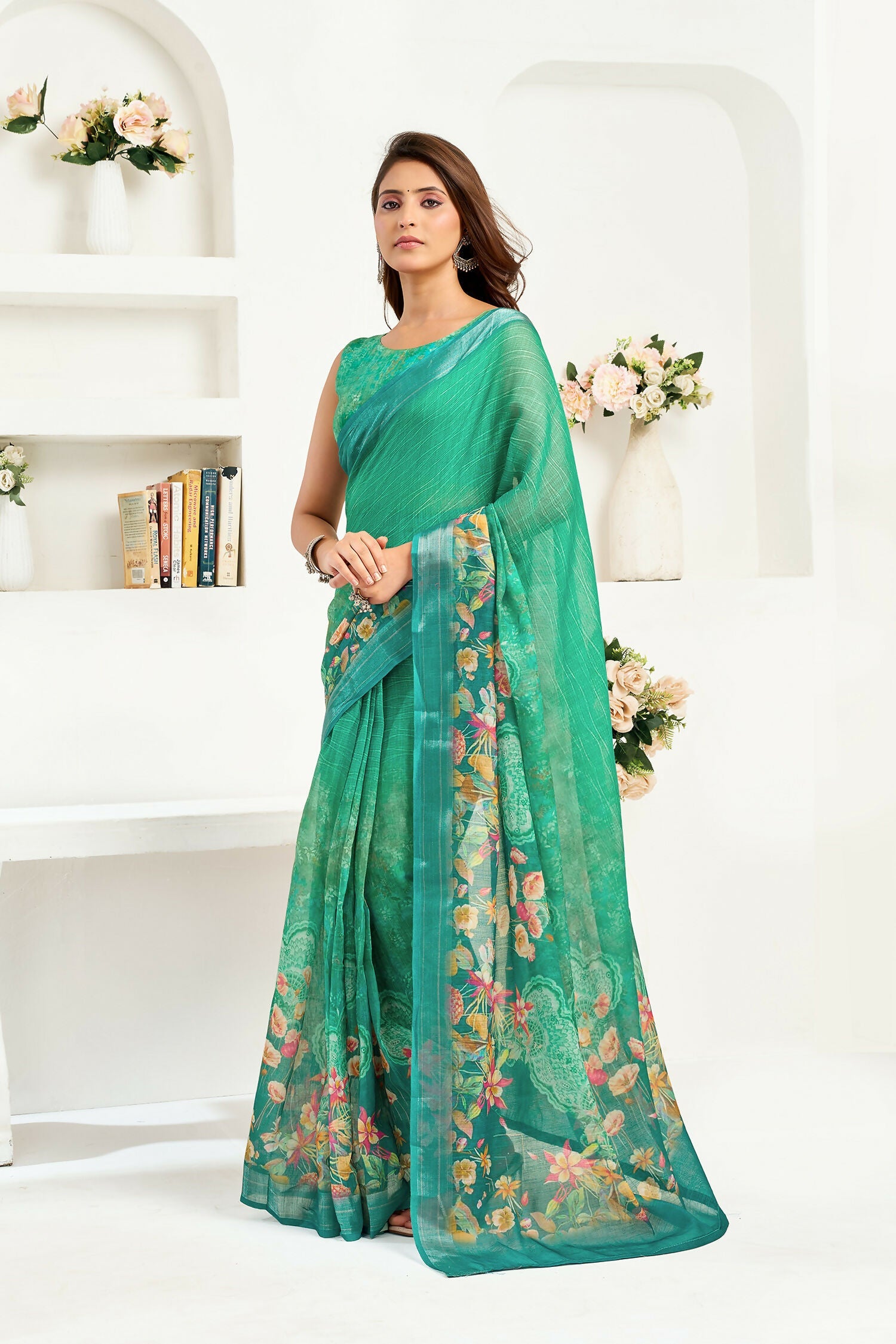 Joban Fashion Rama Green Floral Linen Ready To Wear Saree With Unstitched Blouse - Distacart