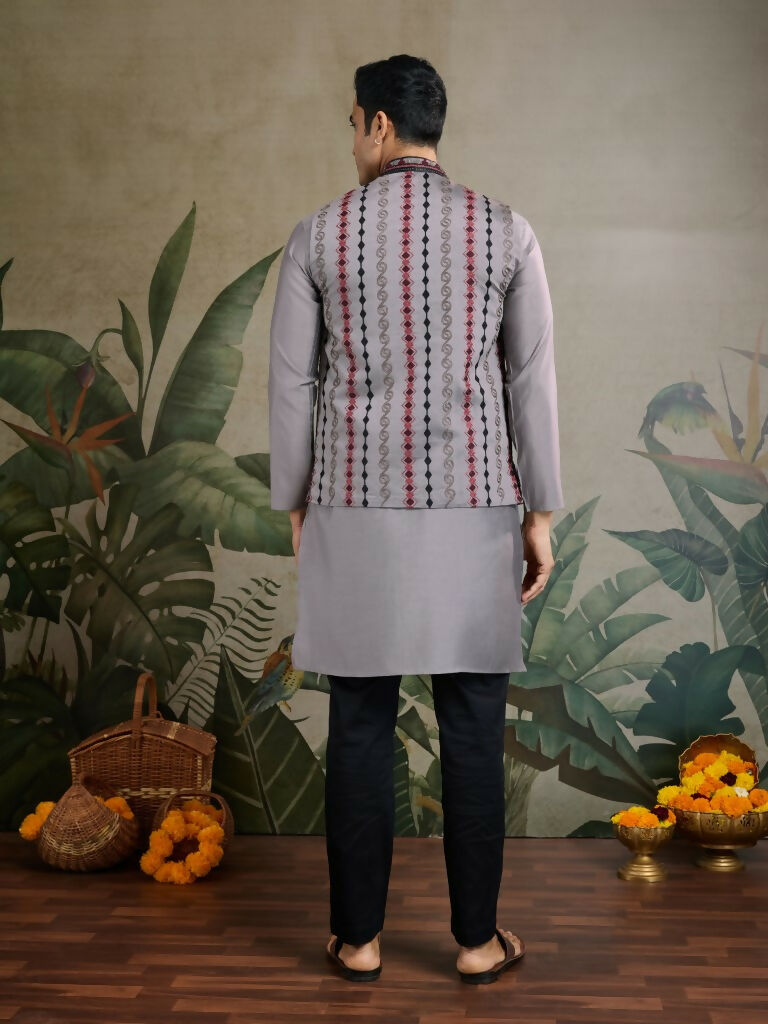 Vastranavya Grey Exclusive Festival Viscose Silk Thread & Swarovski Embroidered Work Mens Wear Kurta & Koti