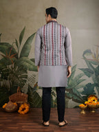 Vastranavya Grey Exclusive Festival Viscose Silk Thread & Swarovski Embroidered Work Mens Wear Kurta & Koti