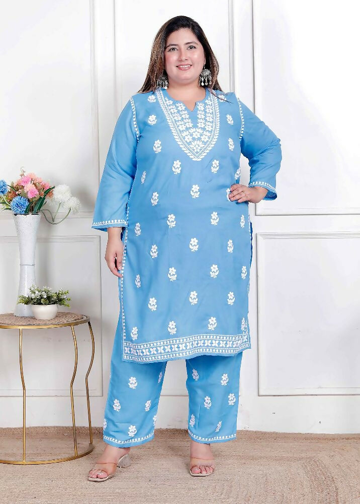 Miravan Womens Plus Size Blue Embroidered Kurta With Palazzo - Distacart
