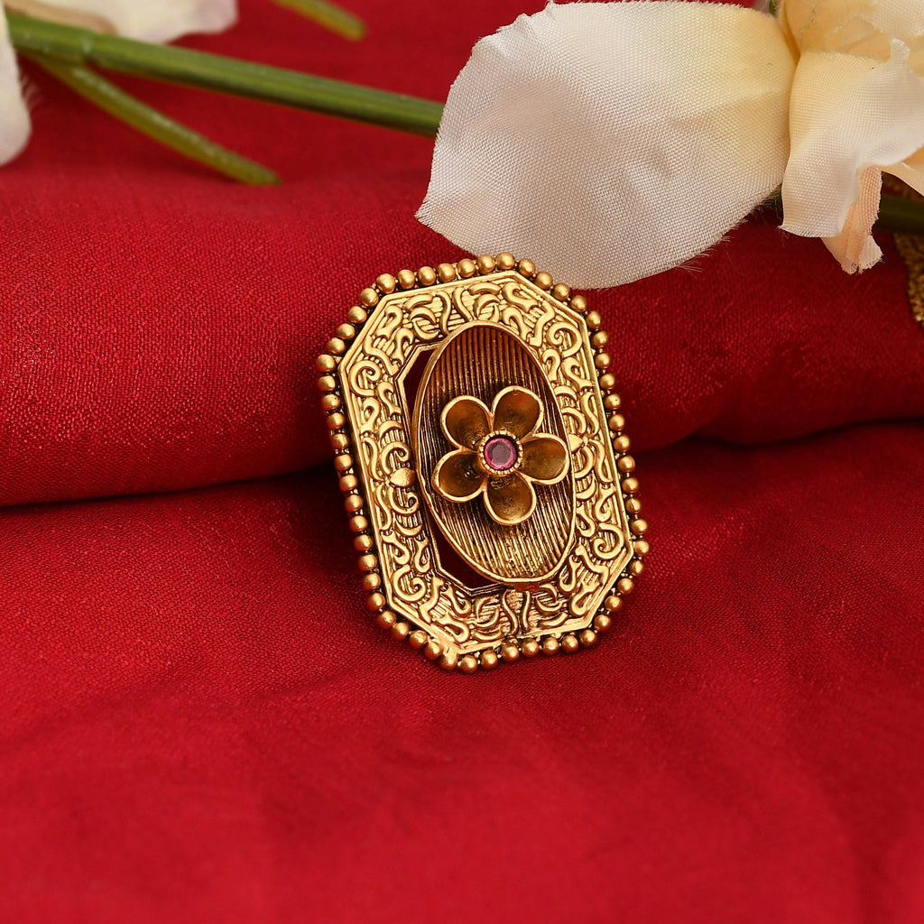 Mominos Fashion Joharkamal Gold-Polished Stone Studded Adjustable Finger Ring - Design 018