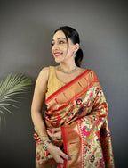 Joban Fashion Crimson Red Intricate Floral & Leaf Soft Silk Paithani Saree - Distacart
