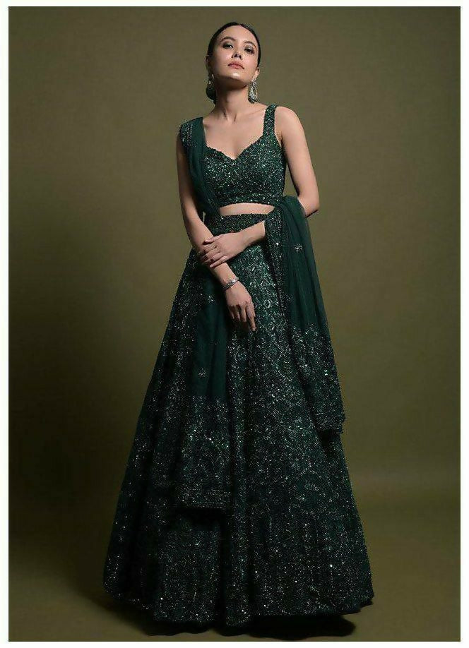 Jyoti Fashion Women's Dark Green Net Sequins with Dori & Thread Embroidered Designer Lehenga Choli Set