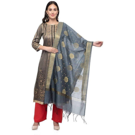 A R Silk Women's Vanarsi Silk Zari Embroidery Grey Fancy Dupatta