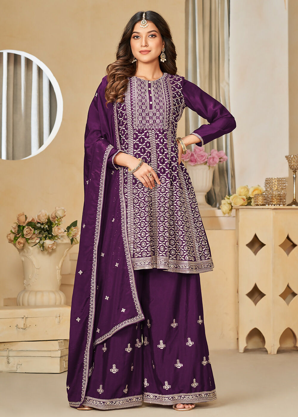 Chinnon Purple Embroidered Palazzo Salwar Suit - Emponline
