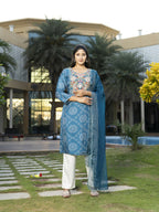 Joban Fashion Blue Cotton Premium Pure Viscose Print Dola With Handwork Kurta set