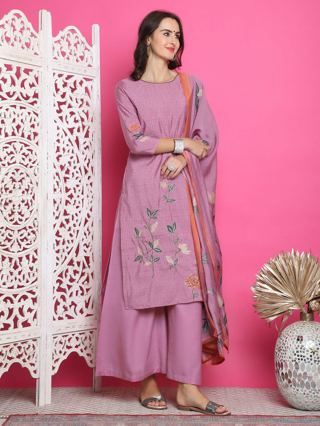 Jyoti Fashion Women's Purple Muslin Floral Print with Jari & Crystal work Kurta with Trouser & Dupatta