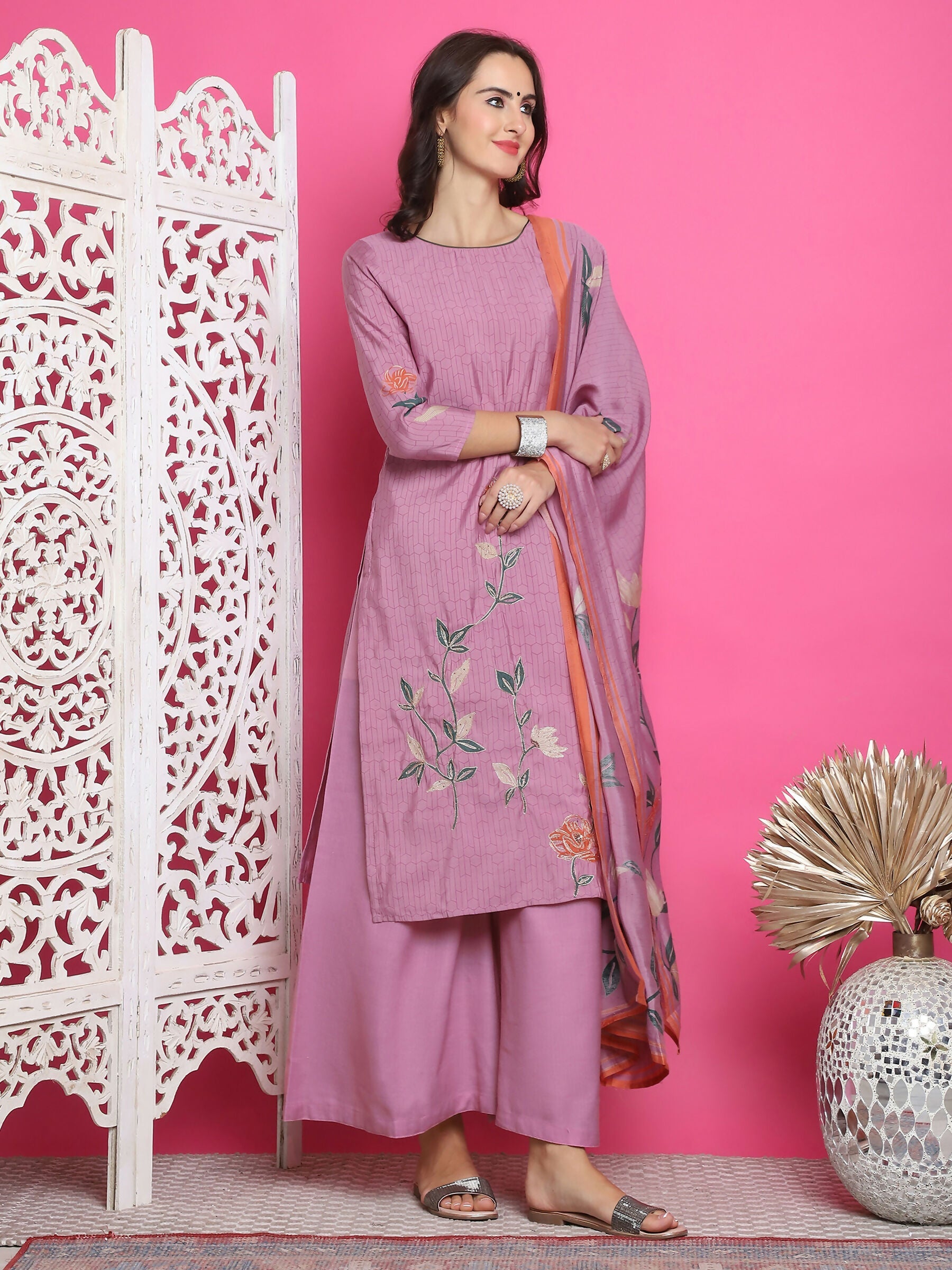 Jyoti Fashion Women's Purple Muslin Floral Print with Jari & Crystal work Kurta with Trouser & Dupatta