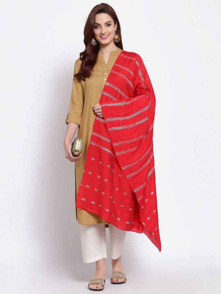 Myshka Women's Red Cotton Silk Printed Casual Dupatta