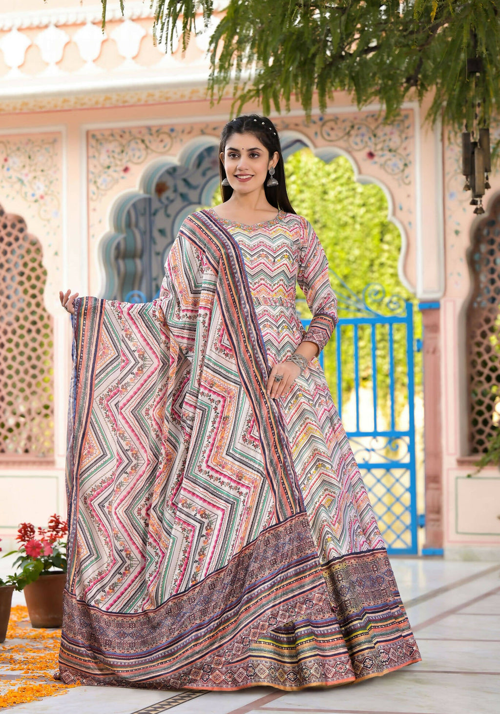 Functional Designer Off White-Muliti Dola Silk Anarkali suit with Dupatta - Ramya