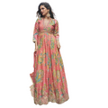 Vegaa Fashion Peach Chinon Silk Embroidered Digital Print Festive Look Gown With Dupatta - Distacart