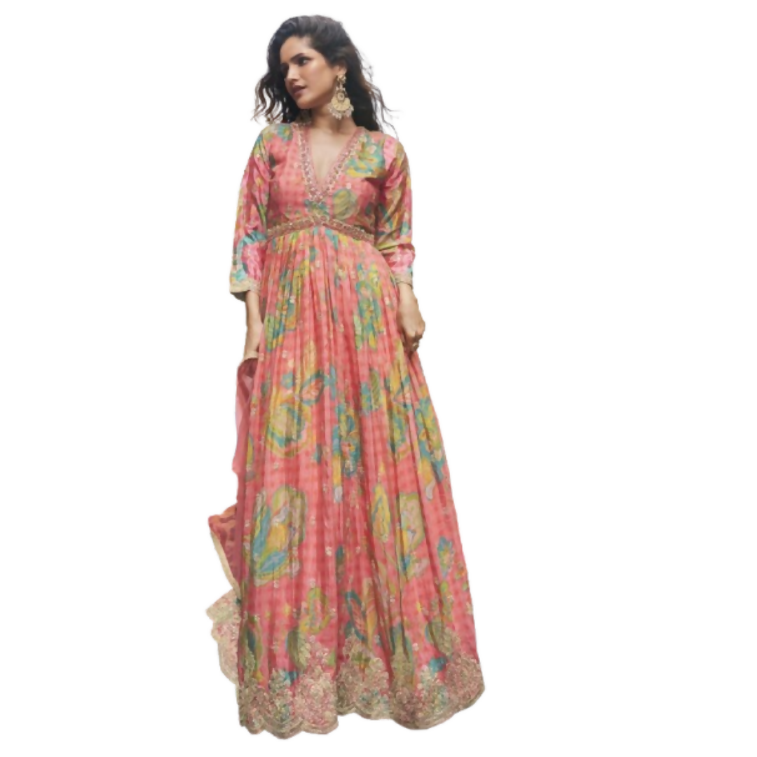 Vegaa Fashion Peach Chinon Silk Embroidered Digital Print Festive Look Gown With Dupatta - Distacart