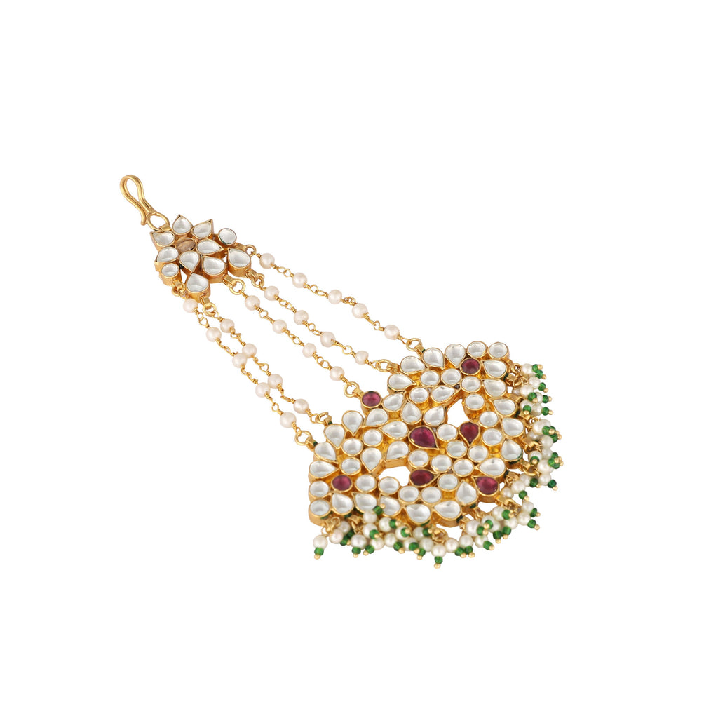 Nuyug 22K Gold-Plated Kundan & Red Stone Studded Jhumar Paasa Head Jewellery - Distacart