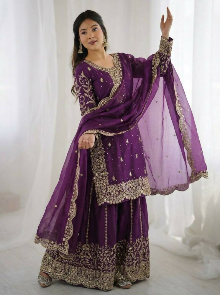 Teeya Creation Wine Color Fendy Silk Embroidery Work Wedding Wear Salwar Suit - Distacart