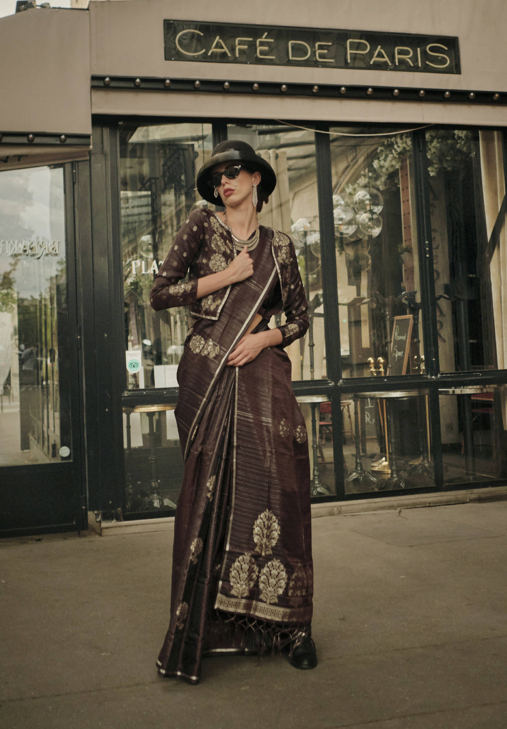 Walnut Brown Weavead Thread & Zari Work, Handloom Weaving Banarasi Satin Silk Saree - Rajtex Kronicle Silk