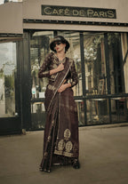 Walnut Brown Weavead Thread & Zari Work, Handloom Weaving Banarasi Satin Silk Saree - Rajtex Kronicle Silk