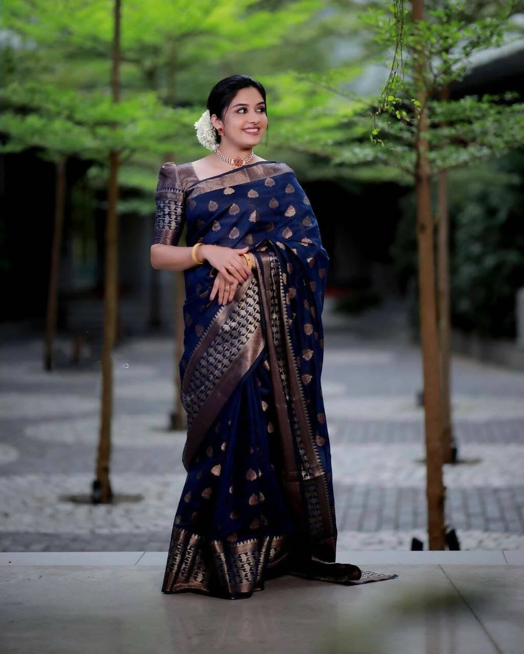 DEIANA'S Beautiful Designer Golden zari Soft Lichi Silk Saree - Navy Blue
