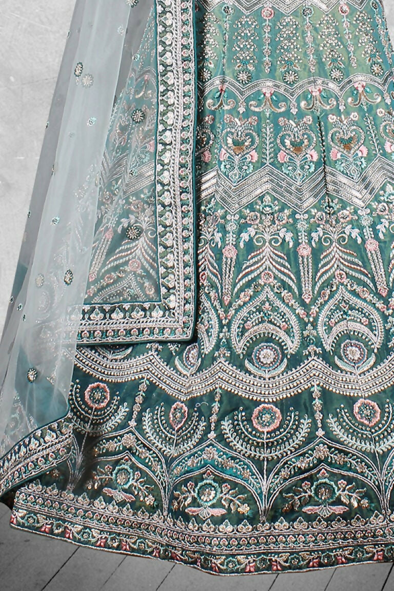 Teal Velvet Hand work Semi Stitched Lehenga Choli with Dupatta - Nimaya Lagnotsav