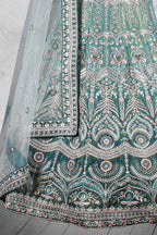 Teal Velvet Hand work Semi Stitched Lehenga Choli with Dupatta - Nimaya Lagnotsav