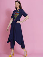 Women Republic Navy Blue Cotton Embroidered Kurta With Pants - Distacart