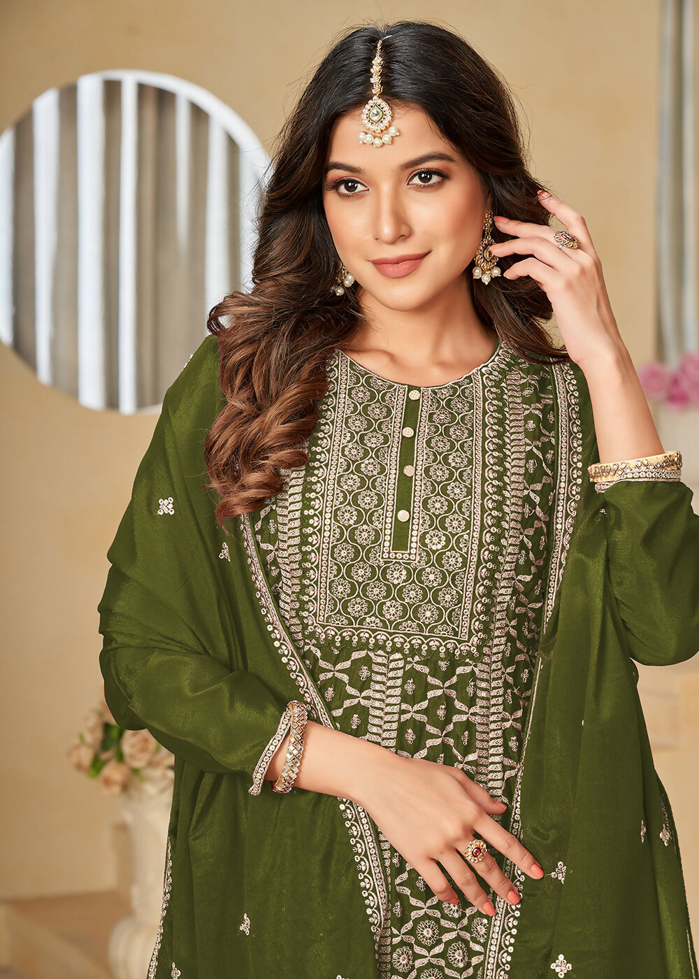 Chinnon Olive Green Embroidered Palazzo Salwar Suit - Emponline