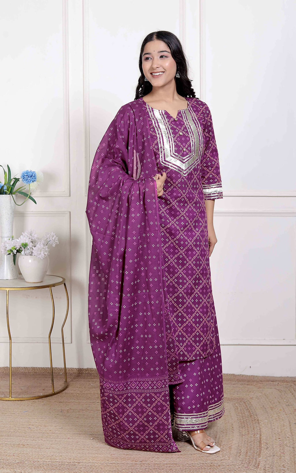 Miravan Magenta Embroidered Cotton Kurta with Palazzo and Dupatta