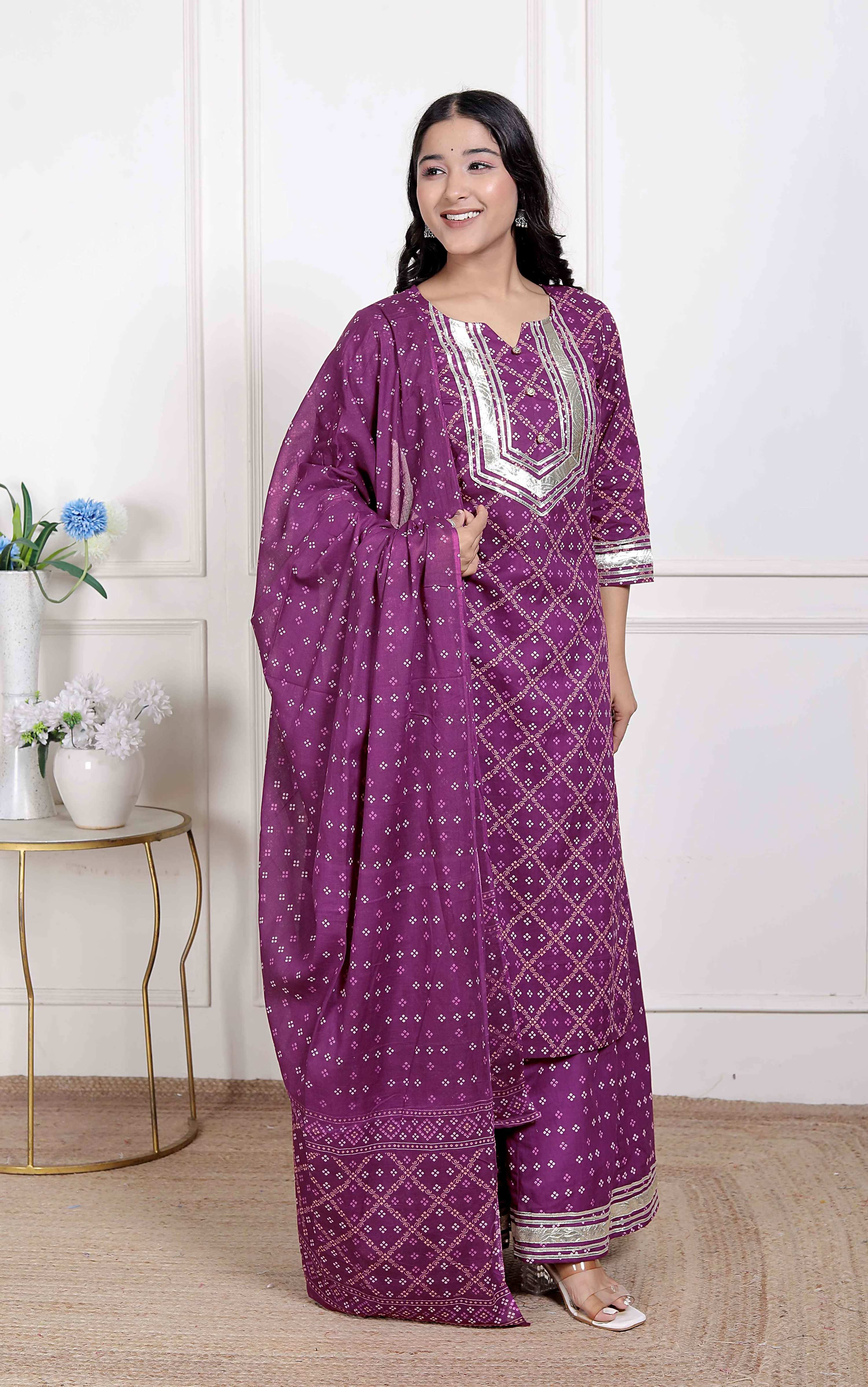 Miravan Magenta Embroidered Cotton Kurta with Palazzo and Dupatta