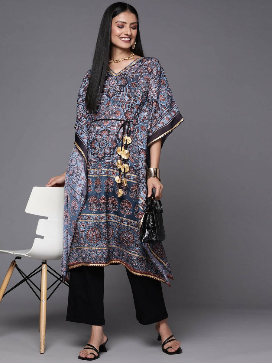 Ahalyaa Navy Blue & Maroon Floral Print Kaftan Kurta - Distacart
