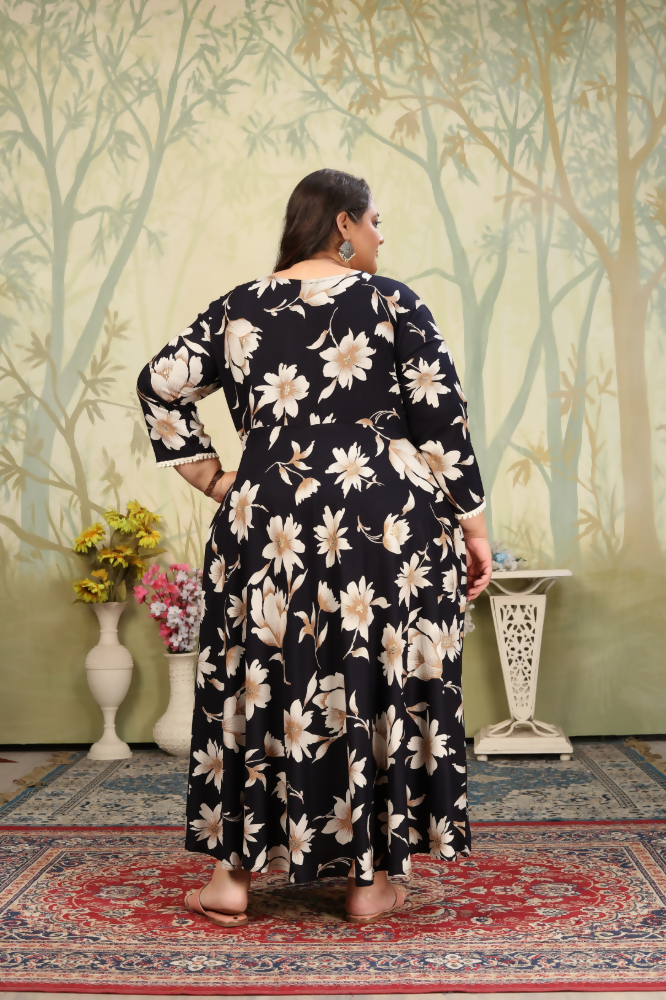 Jyoti Fashion Women's Black Rayon Floral Print with Sequins Designer Anarkali Set