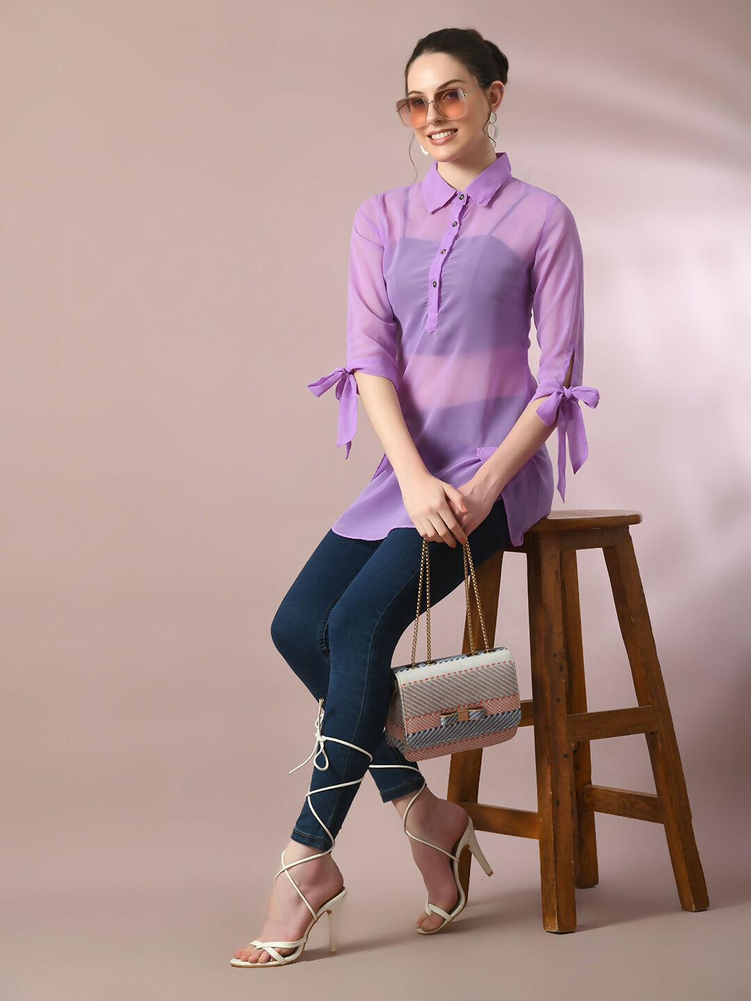 Myshka Women's Lavender Solid Georgette Longline Party Sheer Tunic
