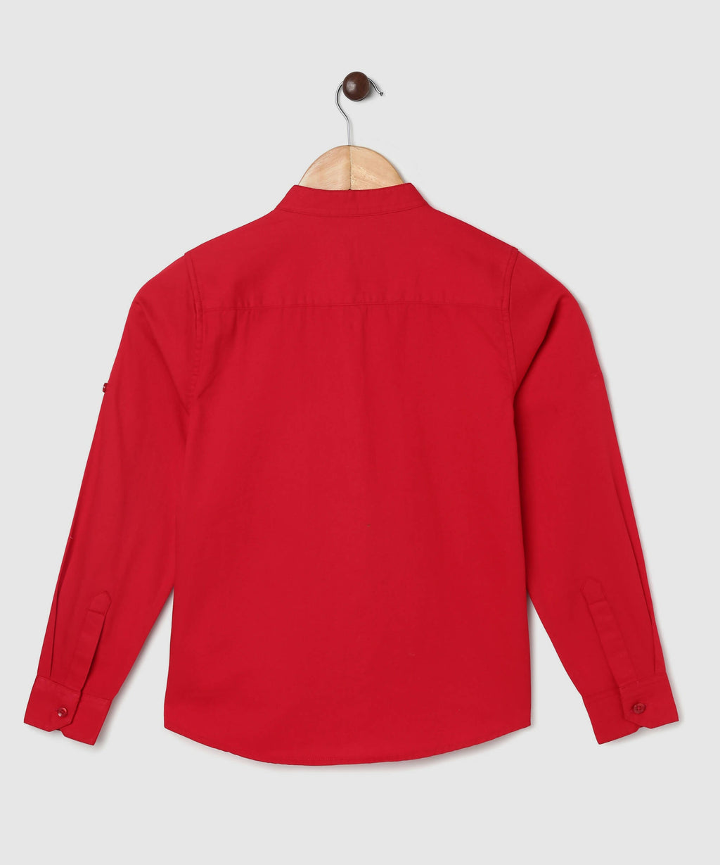 Manet Boys Mandarin Collar Full Sleeves Melange Shirt - Red
