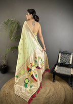 Joban Fashion Pista Green Peacock & Floral Motifs Soft Silk Kanchipuram Saree - Distacart