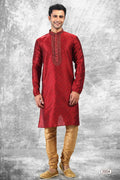 Raivat Ethnic Jacquard Silk Brocade Mirror and Thread Work Kurta Pajama In Maroon Colour