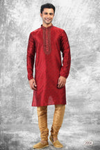 Raivat Ethnic Jacquard Silk Brocade Mirror and Thread Work Kurta Pajama In Maroon Colour