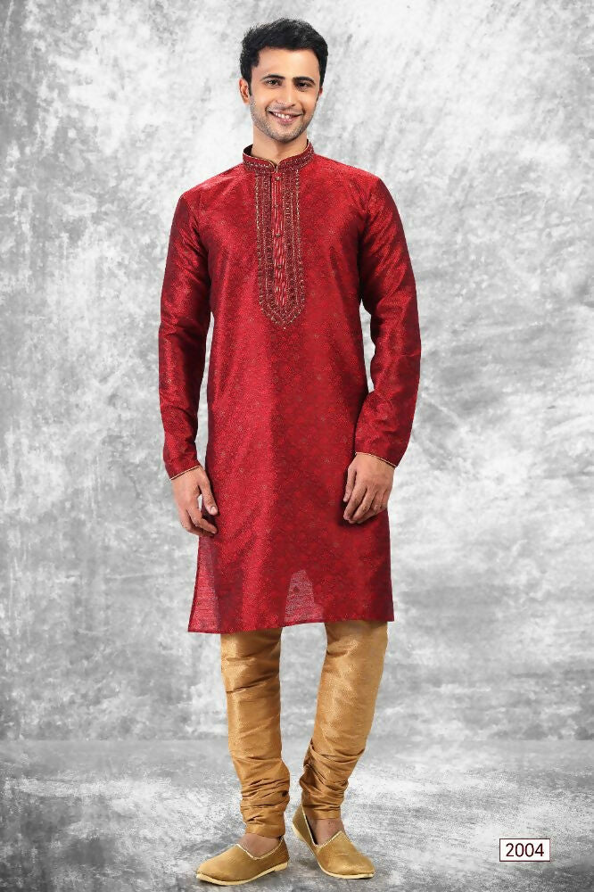 Raivat Ethnic Jacquard Silk Brocade Mirror and Thread Work Kurta Pajama In Maroon Colour