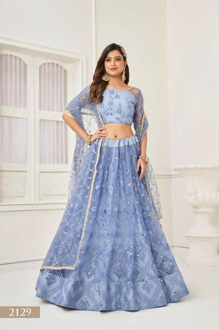 Aastha Fashion Neon Blue Butterfly Net Tone To Tone Thread Work, Sequence Work Embroidery With Original Mirror Handwork Wedding Wear Lehenga Choli
