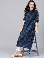 Vamika Navy Blue Printed Cotton Party/Casual Wear Kurta Set/Suit