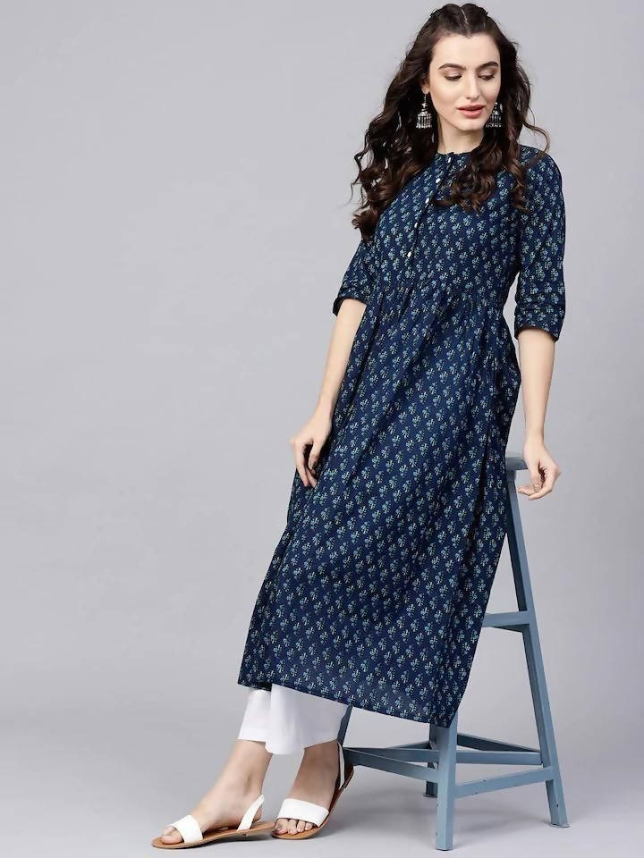 Vamika Navy Blue Printed Cotton Party/Casual Wear Kurta Set/Suit