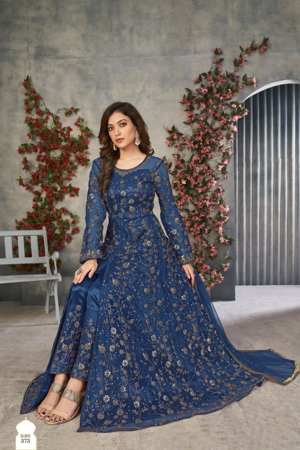 Anaita Blue Embroidered Net Stitched Anarkali suit - Distacart